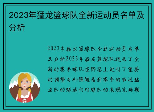 2023年猛龙篮球队全新运动员名单及分析